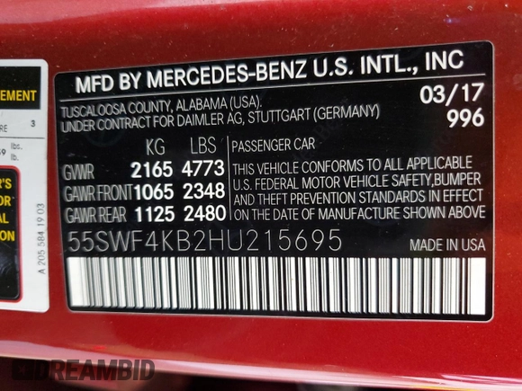 2017 Mercedes-Benz C 300 with VIN 55SWF4KB2HU215695, listed as a Copart auction lot 51107705 with 75,377 mi miles and Salvage Title. Bid and sale history available at carsss.com. Image 14.