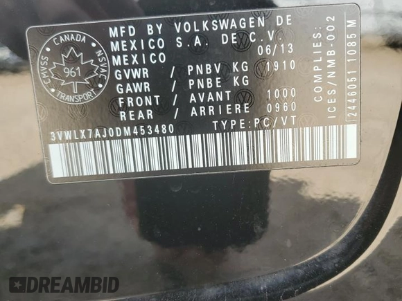 2013 Volkswagen Jetta SEL with VIN 3VWLX7AJ0DM453480, listed as a Copart auction lot 63823455 with 132,875 mi miles and Salvage title. Bid and sale history available at DreamBid. Image 12.