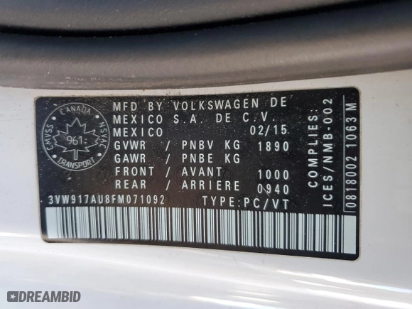 2015 Volkswagen Golf TSI S with VIN 3VW917AU8FM071092, listed as a Copart auction lot 42177115 with 62,756 mi miles and Salvage Title. Bid and sale history available at carsss.com. Image 12.