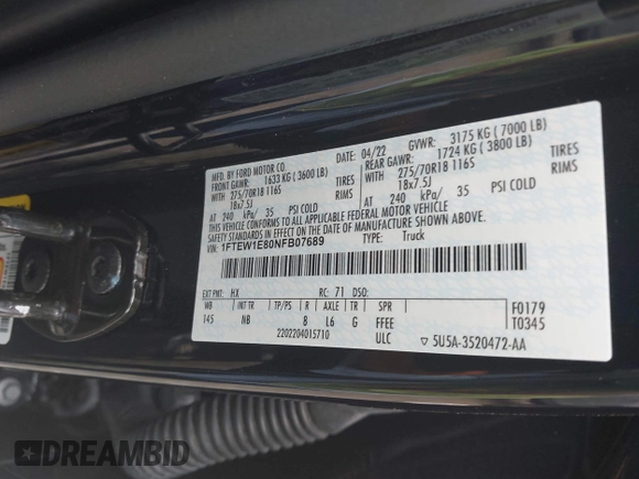 2022 Ford F-150 XL with VIN 1FTEW1E80NFB07689, listed as a IAAI auction lot 41891624 with 41,515 mi miles and . Bid and sale history available at carsss.com. Image 9.