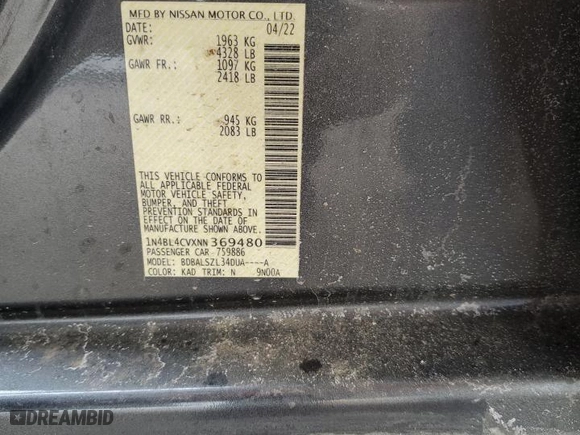 2022 Nissan Altima 2.5 SR with VIN 1N4BL4CVXNN369480, listed as a Copart auction lot 46535925 with 55,098 mi miles and Salvage Title. Bid and sale history available at carsss.com. Image 14.