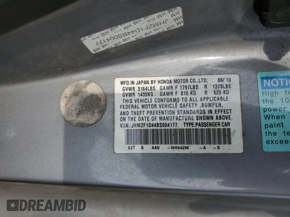 2011 Honda CR-Z with VIN JHMZF1D44BS004177, listed as a Copart auction lot 60415135 with 145,768 mi miles and Salvage title. Bid and sale history available at DreamBid. Image 12.