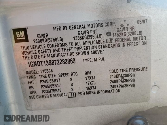 2007 Chevrolet TrailBlazer LS with VIN 1GNDT13S872283863, listed as a Copart auction lot 67150544 with Not Provided miles and Salvage Title. Bid and sale history available at DreamBid. Image 13.