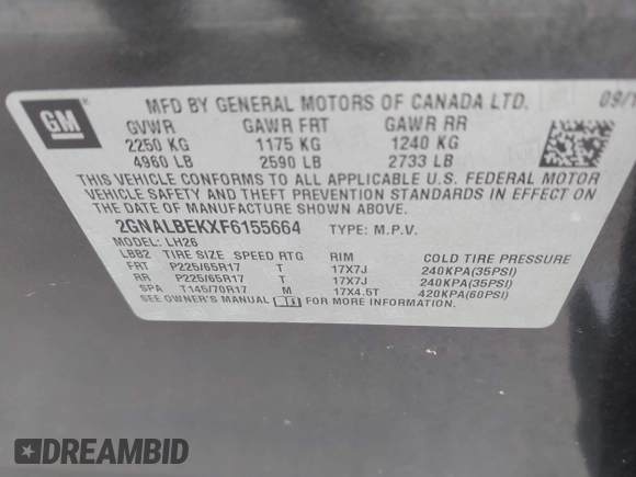 2015 Chevrolet Equinox LT with VIN 2GNALBEKXF6155664, listed as a IAAI auction lot 42501951 with 169,066 mi miles and . Bid and sale history available at DreamBid. Image 9.