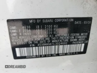 2020 Subaru Legacy Limited with VIN 4S3BWAN61L3024692, listed as a Copart auction lot 59317595 with 84,639 mi miles and Salvage title. Bid and sale history available at DreamBid. Image 12.
