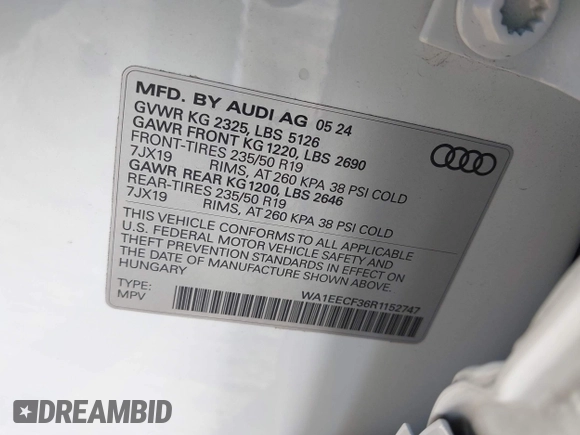 2024 Audi Q3 S line Premium Plus with VIN WA1EECF36R1152747, listed as a IAAI auction lot 42110619 with 16,926 mi miles and . Bid and sale history available at DreamBid. Image 9.