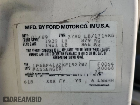 1989 Ford Mustang with VIN 1FABP41A2KF192787, listed as a Copart auction lot 55306575 with 14,103 mi miles and Clean title. Bid and sale history available at DreamBid. Image 12.