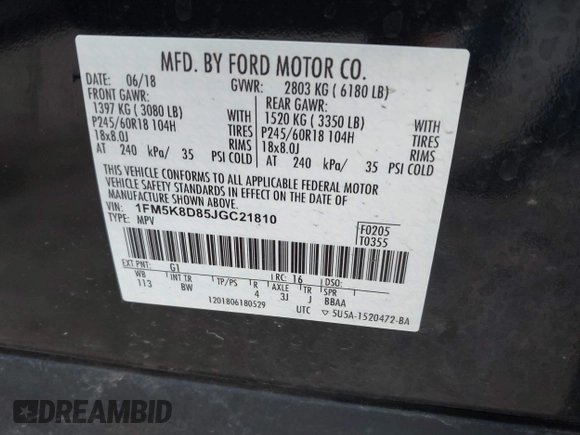 2018 Ford Explorer XLT z VIN 1FM5K8D85JGC21810, wystawiony jako IAAI lot #42269512 z przebiegiem 68 533 mil mil oraz . Historia ofert i sprzedaży dostępna na DreamBid. Obrazek 9.