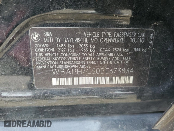 2011 BMW 3 Series 328i с VIN WBAPH7C50BE673834, выставлен на аукционе Copart как лот 51879015 с пробегом 165 666 миль миль и Списание • Salvage title. История ставок и продаж доступна на DreamBid. Изображение 12.