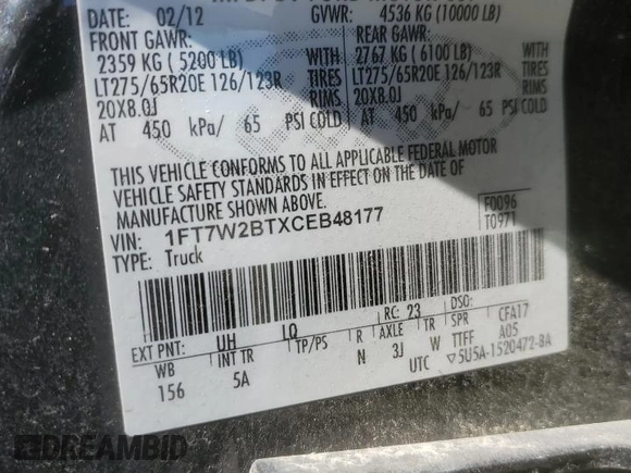 2012 Ford Super Duty F-250 SRW XL with VIN 1FT7W2BTXCEB48177, listed as a Copart auction lot 44240755 with 107,415 mi miles and Salvage Title. Bid and sale history available at carsss.com. Image 12.