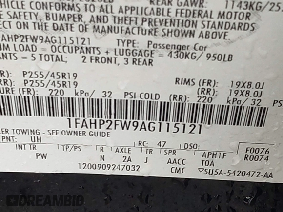 2010 Ford Taurus Limited with VIN 1FAHP2FW9AG115121, listed as a IAAI auction lot 41903630 with 200,875 mi miles. Bid and sale history available at carsss.com. Image 9.