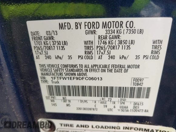 2013 Ford F-150 XL with VIN 1FTFW1EF9DFC06013, listed as a IAAI auction lot 41942423 with 300,161 mi miles and . Bid and sale history available at carsss.com. Image 9.