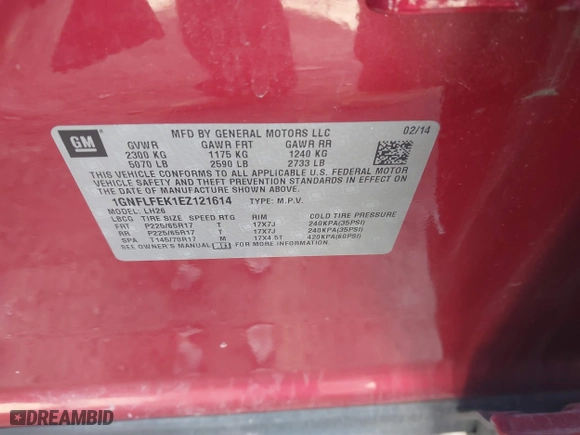 2014 Chevrolet Equinox LT with VIN 1GNFLFEK1EZ121614, listed as a IAAI auction lot 41859184 with 35,718 mi miles. Bid and sale history available at carsss.com. Image 9.