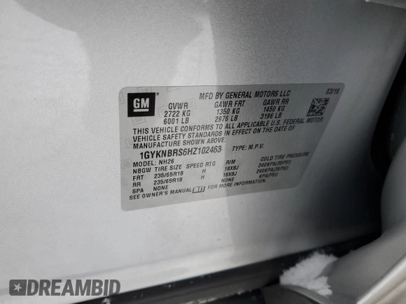 2017 Cadillac XT5 Luxury FWD with VIN 1GYKNBRS6HZ102463, listed as a Copart auction lot 44979655 with 98,738 mi miles and Salvage Title. Bid and sale history available at DreamBid. Image 15.