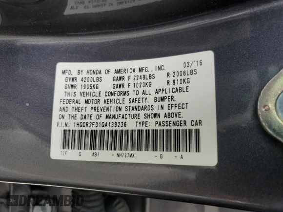 2016 Honda Accord Sedan LX with VIN 1HGCR2F31GA139236, listed as a Copart auction lot 51863985 with 25,598 mi miles and Salvage Title. Bid and sale history available at carsss.com. Image 13.