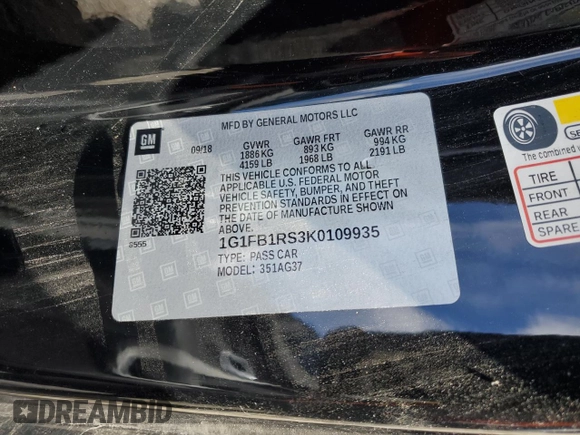 2019 Chevrolet Camaro 1LT with VIN 1G1FB1RS3K0109935, listed as a Copart auction lot 48436475 with 109,472 mi miles and Salvage Title. Bid and sale history available at carsss.com. Image 13.