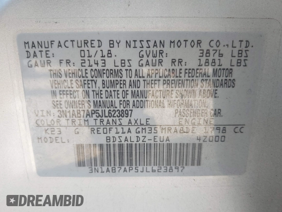 2018 Nissan Sentra SV z VIN 3N1AB7AP5JL623897, wystawiony jako IAAI lot #41867248 z przebiegiem 80 936 mil mil oraz . Historia ofert i sprzedaży dostępna na DreamBid. Obrazek 9.
