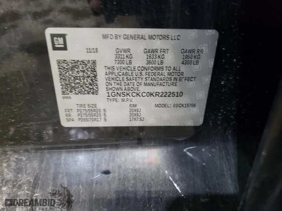2019 Chevrolet Tahoe Premier with VIN 1GNSKCKC0KR222510, listed as a Copart auction lot 85897994 with 106,842 mi miles and Salvage Title. Bid and sale history available at carsss.com. Image 14.