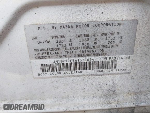 2006 Mazda Mazda3 i with VIN JM1BK12F261532654, listed as a IAAI auction lot 41788249 with 259,898 mi miles. Bid and sale history available at carsss.com. Image 9.