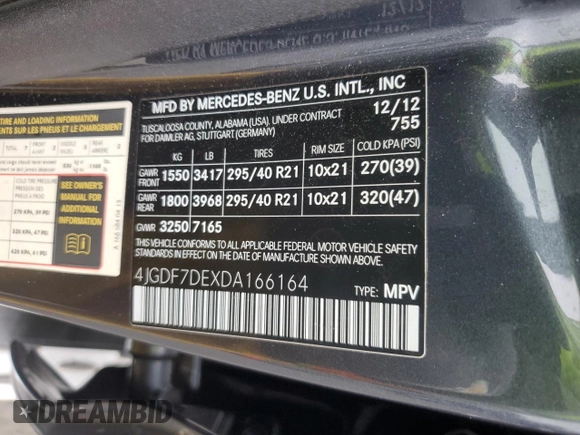 2013 Mercedes-Benz GL-Class GL 550 with VIN 4JGDF7DEXDA166164, listed as a Copart auction lot 43626875 with 69,502 mi miles and Salvage Title. Bid and sale history available at carsss.com. Image 13.