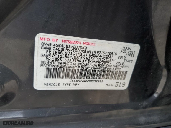 2012 Mitsubishi Outlander ES with VIN JA4AS2AW6CU002985, listed as a Copart auction lot 83473434 with 172,264 mi miles and Clean Title. Bid and sale history available at carsss.com. Image 13.
