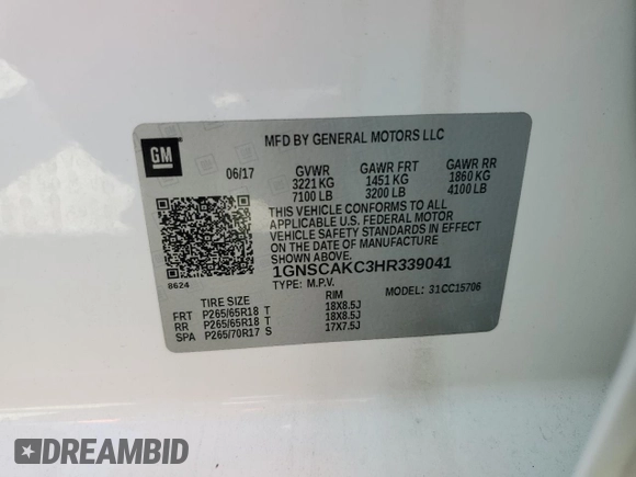 2017 Chevrolet Tahoe LS with VIN 1GNSCAKC3HR339041, listed as a Copart auction lot 61076165 with 161,652 mi miles and Salvage title. Bid and sale history available at DreamBid. Image 13.