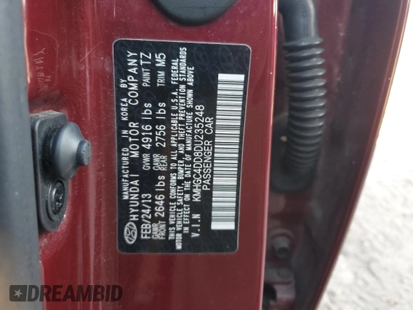 2013 Hyundai Genesis 3.8L with VIN KMHGC4DD8DU235248, listed as a Copart auction lot 73462114 with 180,725 mi miles and Salvage Title. Bid and sale history available at carsss.com. Image 12.