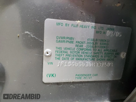 2006 Subaru Forester X with VIN JF1SG65636H731509, listed as a Copart auction lot 65116005 with Not provided miles and Clean title. Bid and sale history available at DreamBid. Image 12.