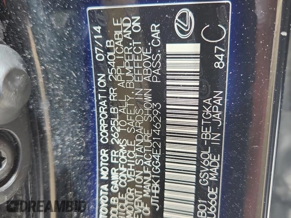 2014 Lexus ES 330 with VIN JTHBK1GG4E2146293, listed as a Copart auction lot 60622285 with 102,329 mi miles and Salvage title. Bid and sale history available at DreamBid. Image 12.