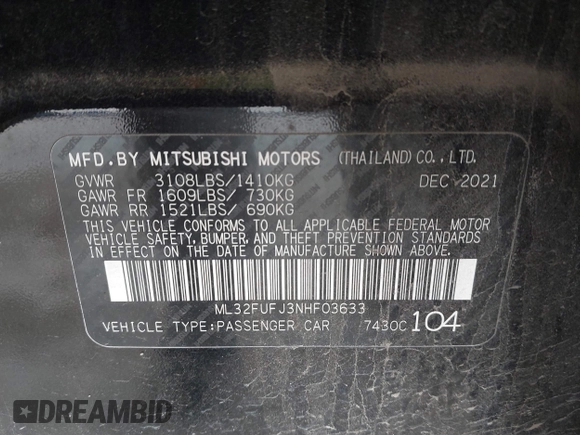 2022 Mitsubishi Mirage ES z VIN ML32FUFJ3NHF03633, wystawiony jako IAAI lot #41937055 z przebiegiem 53 485 mil mil oraz . Historia ofert i sprzedaży dostępna na DreamBid. Obrazek 9.