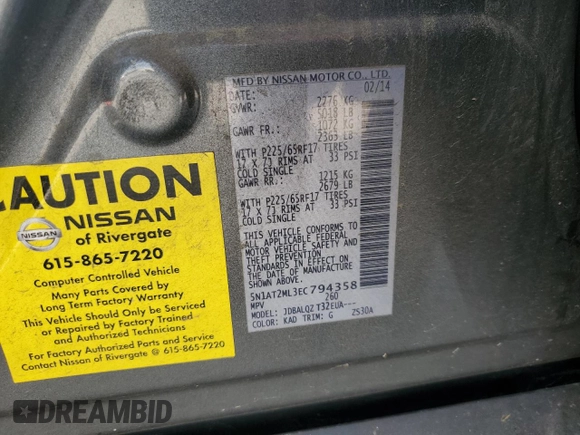 2014 Nissan Rogue SV with VIN 5N1AT2ML3EC794358, listed as a Copart auction lot 53094715 with 191,889 mi miles and Salvage Title. Bid and sale history available at carsss.com. Image 13.
