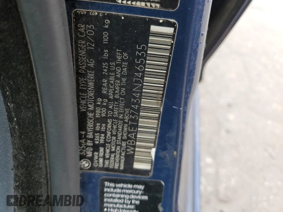 2004 BMW 3 Series 325i with VIN WBAET37434NJ46535, listed as a Copart auction lot 84234724 with 216,105 mi miles and Salvage Title. Bid and sale history available at carsss.com. Image 12.