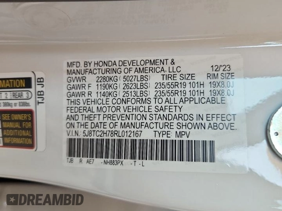 2024 Acura RDX Advance with VIN 5J8TC2H78RL012167, listed as a Copart auction lot 60742935 with 8,456 mi miles and Salvage title. Bid and sale history available at DreamBid. Image 12.
