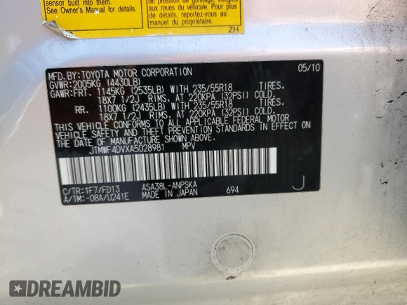 2010 Toyota RAV4 Sport with VIN JTMWF4DVXA5028981, listed as a Copart auction lot 60931165 with 214,075 mi miles and Salvage title. Bid and sale history available at DreamBid. Image 13.