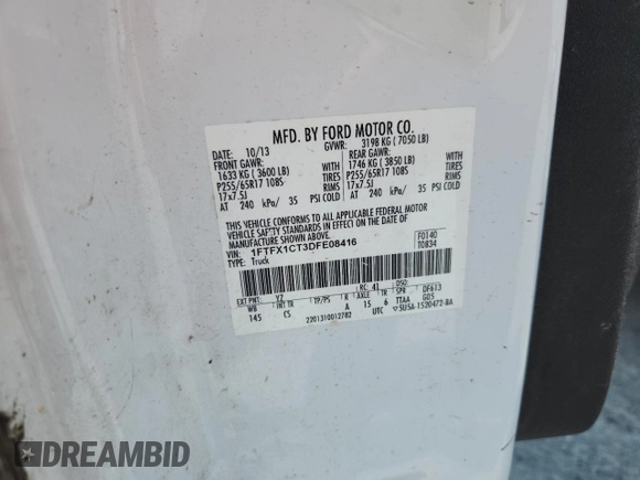 2013 Ford F-150 XL with VIN 1FTFX1CT3DFE08416, listed as a Copart auction lot 60519935 with Not provided miles and Clean title. Bid and sale history available at DreamBid. Image 13.