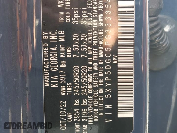 2023 Kia Telluride SX X-Pro with VIN 5XYP5DGC5PG333354, listed as a Copart auction lot 59711365 with Not provided miles and Non repairable. Bid and sale history available at DreamBid. Image 12.