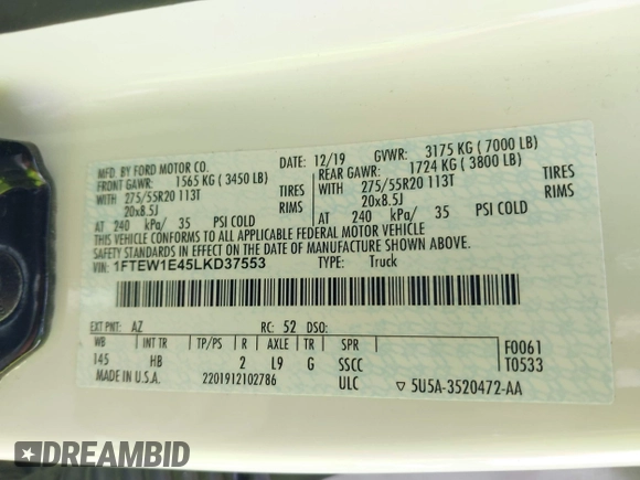 2020 Ford F-150 XL with VIN 1FTEW1E45LKD37553, listed as a IAAI auction lot 42120516 with 99,663 mi miles and . Bid and sale history available at DreamBid. Image 9.