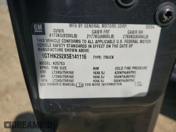 2005 GMC Sierra 2500HD SLT with VIN 1GTHK292X5E141116, listed as a Copart auction lot 61093415 with 160,630 mi miles and Salvage title. Bid and sale history available at DreamBid. Image 13.