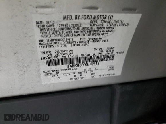 2013 Ford Taurus Limited with VIN 1FAHP2F80DG149616, listed as a Copart auction lot 50235015 with 86,545 mi miles and Salvage Title. Bid and sale history available at carsss.com. Image 13.