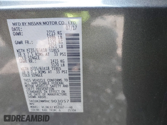 2017 Nissan Pathfinder Platinum with VIN 5N1DR2MM9HC903057, listed as a IAAI auction lot 40063517 with 8,847 mi miles and . Bid and sale history available at DreamBid. Image 9.