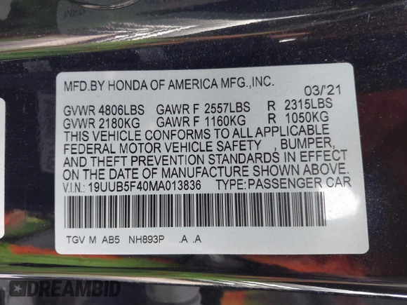 2021 Acura TLX Technology с VIN 19UUB5F40MA013836, выставлен на аукционе IAAI как лот 41290368 с пробегом 42 674 миль миль и . История ставок и продаж доступна на DreamBid. Изображение 9.
