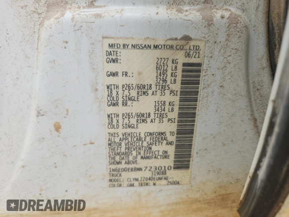 2021 Nissan Frontier SV с VIN 1N6ED0EB8MN723010, выставлен на аукционе Copart как лот 61046665 с пробегом 86 235 миль миль и Списание • Salvage title. История ставок и продаж доступна на DreamBid. Изображение 12.