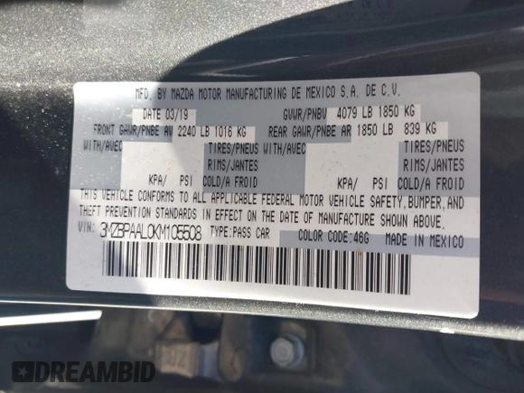 2019 Mazda 3 Select with VIN 3MZBPAAL0KM105508, listed as a IAAI auction lot 41684697 with 88,751 mi miles and . Bid and sale history available at DreamBid. Image 9.