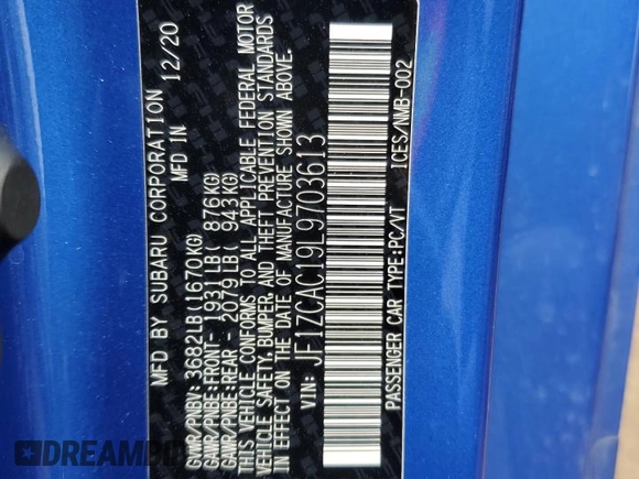 2020 Subaru BRZ Limited with VIN JF1ZCAC19L9703613, listed as a Copart auction lot 53478745 with 22,798 mi miles and Salvage title. Bid and sale history available at DreamBid. Image 12.