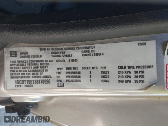 2007 Chevrolet Colorado LT w/1LT with VIN 1GCDT19E178170926, listed as a IAAI auction lot 42065568 with 207,730 mi miles. Bid and sale history available at carsss.com. Image 9.