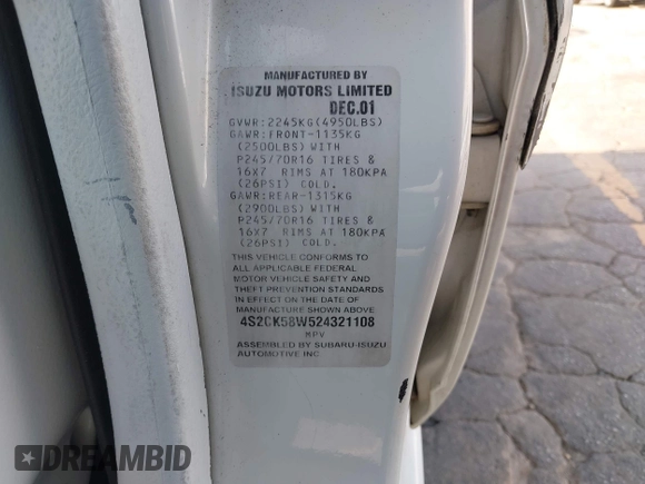 2002 Isuzu Rodeo S with VIN 4S2CK58W524321108, listed as a IAAI auction lot 42352330 with 270,614 mi miles and . Bid and sale history available at DreamBid. Image 9.