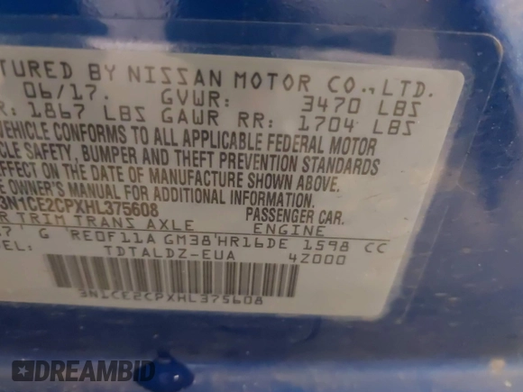 2017 Nissan Note SR with VIN 3N1CE2CPXHL375608, listed as a IAAI auction lot 41848759 with 93,168 mi miles and . Bid and sale history available at DreamBid. Image 9.