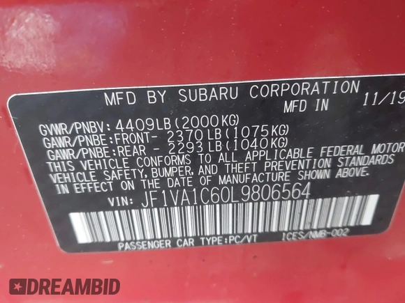 2020 Subaru WRX Premium with VIN JF1VA1C60L9806564, listed as a IAAI auction lot 41917674 with 75,173 mi miles. Bid and sale history available at carsss.com. Image 9.