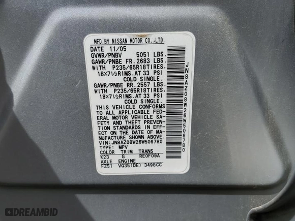2006 Nissan Murano SE with VIN JN8AZ08W26W509780, listed as a Copart auction lot 68576614 with 195,629 mi miles and Salvage Title. Bid and sale history available at carsss.com. Image 12.