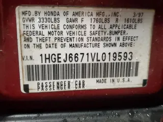 1997 Honda Civic LX with VIN 1HGEJ6671VL019593, listed as a Copart auction lot 49381625 with 252,245 mi miles and Salvage Title. Bid and sale history available at carsss.com. Image 13.